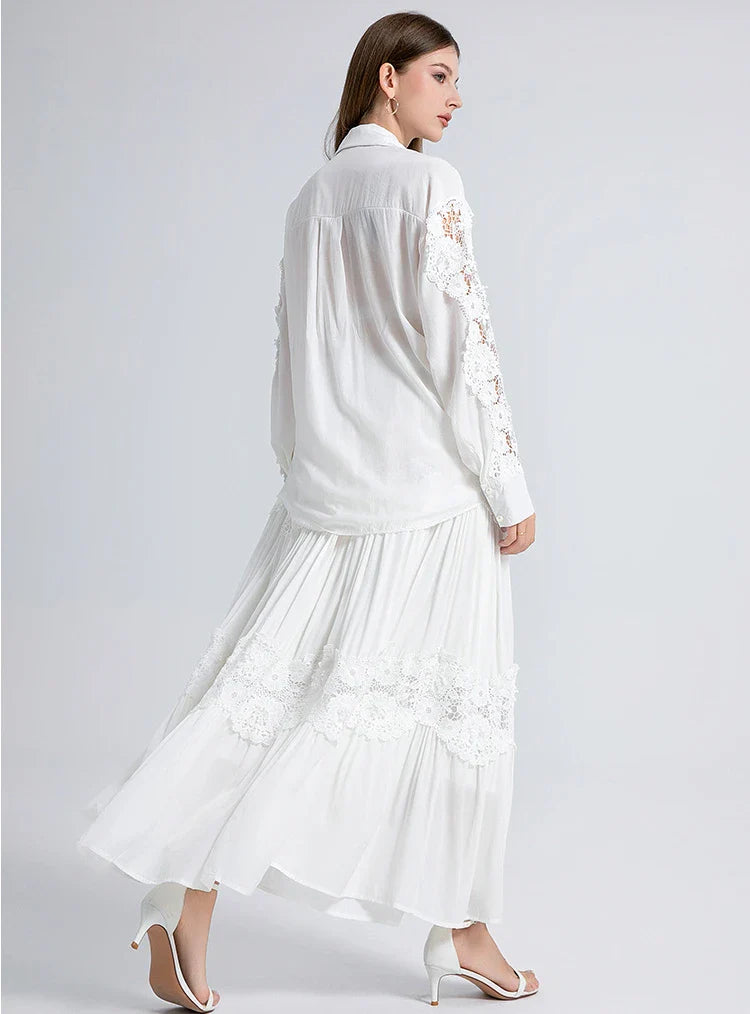 White Lace Maxi Skirt Blouse Set Casual Boho Dress