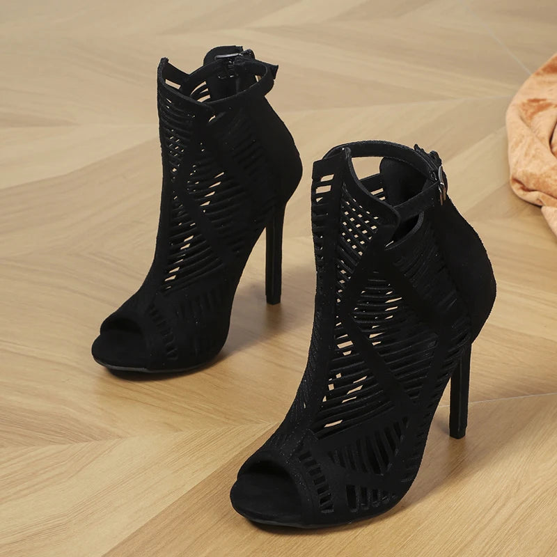 Mesh Ankle Boots Sandals Women Peep Toe Stiletto Heels for Spring and Autumn