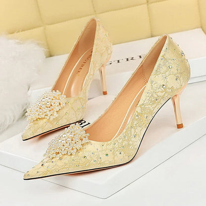 Pearl Flowers Rhinestone High Heels Luxurious Women Pumps