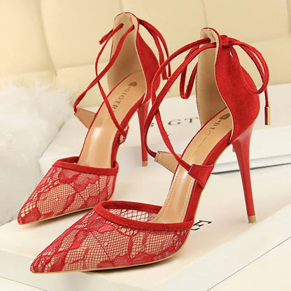 Cross Straps Women Sandals Mesh Lace High Heels Stiletto Party Shoes