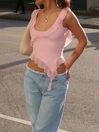O-neck Ruffled Backless Irregular Cami Top