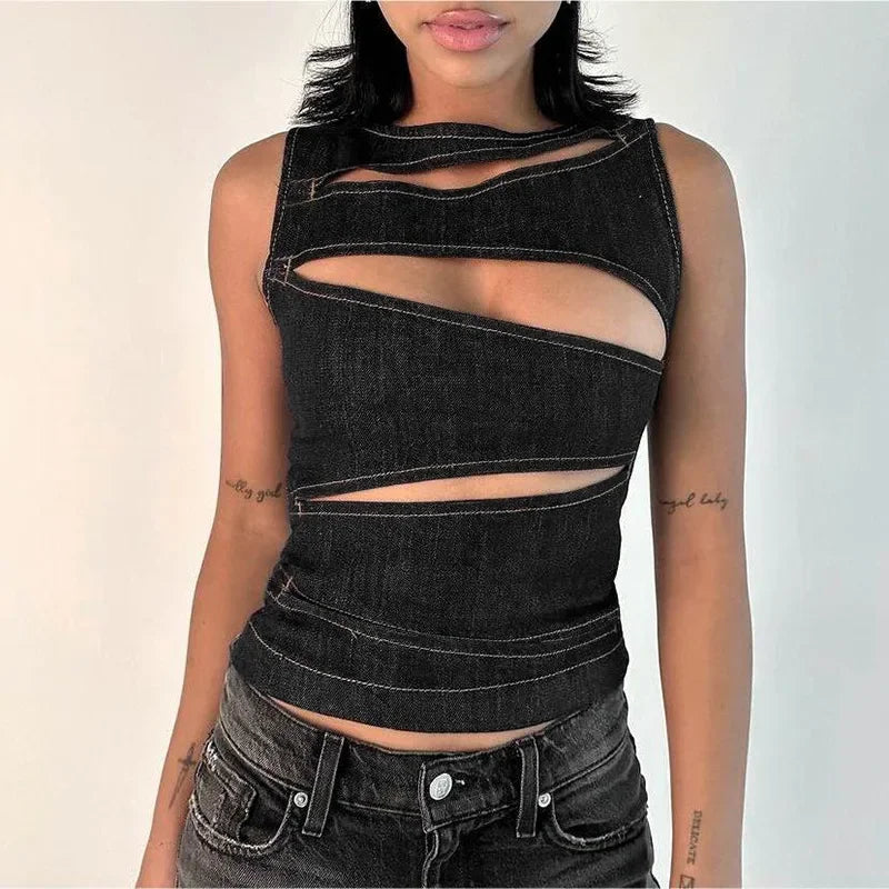 Round Neck Hollow Slim Crop Top