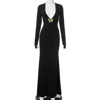 Black Fishtail Dress Dramatic Style with Butterfly