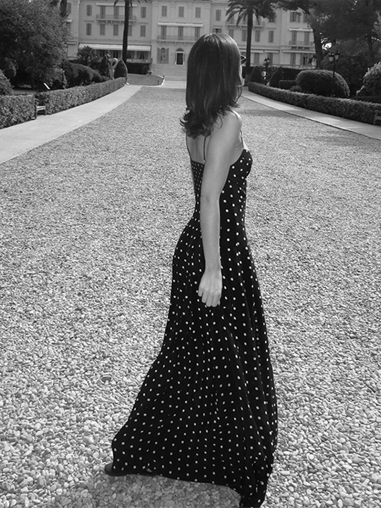 Pleated Wave Point Sling Maxi Dress