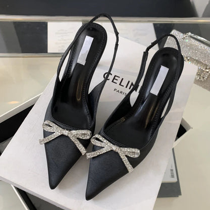CRYSTAL Butterfly-knot Women Pumps with Sexy Pointed Toe and Slingbacks, Low Thin Heel