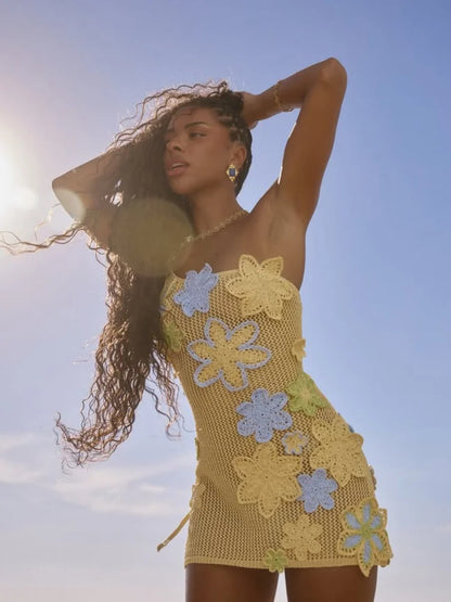 Embroidery Crochet Strap Hollow Mini Dress