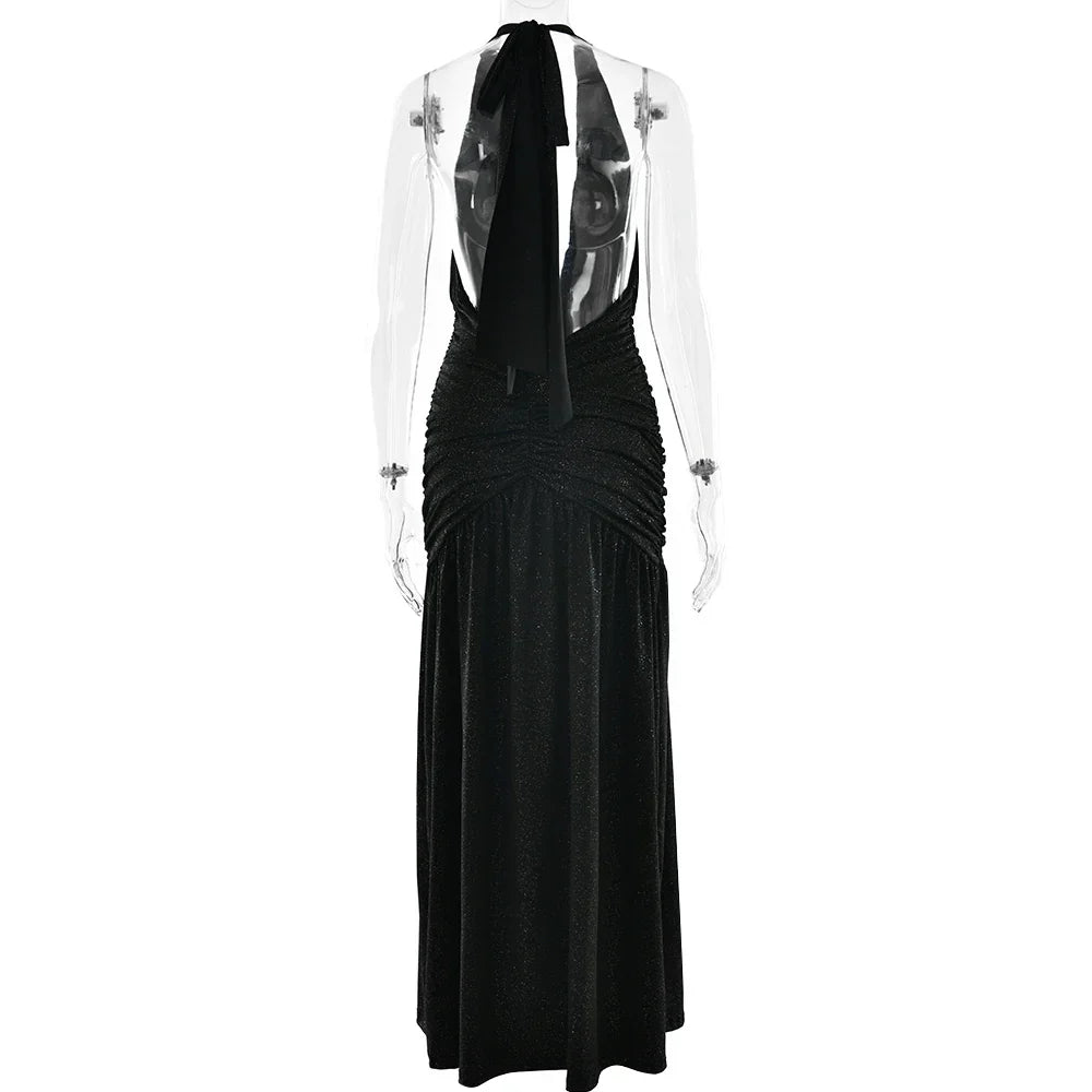 Glitter Bright Silk High Slit Halter Dress