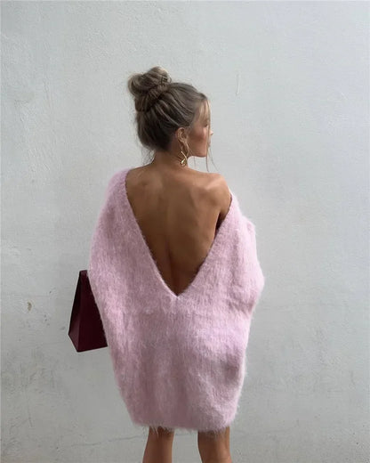 Trendix Loose Backless Knit Pullover For Women's 2024 Sexy Off Shoulder Long Sleeve Sweater Femme Solid Casual Knitwear Cover-up