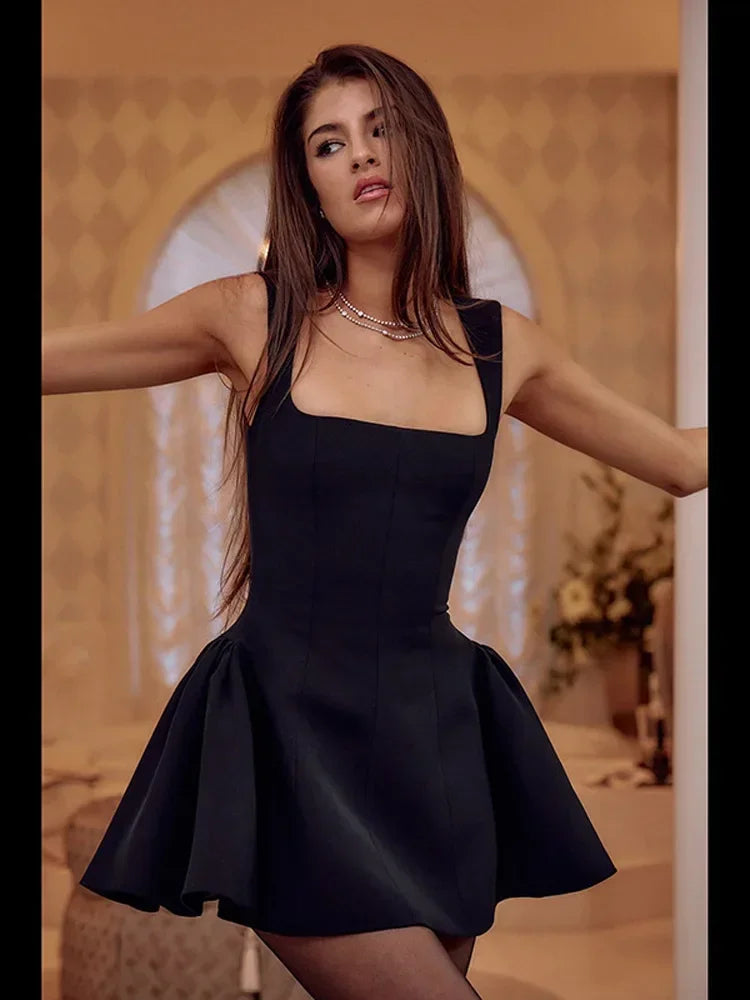 Square Neck Pleated Fit-and-Flare Bubble Hem Mini Dress