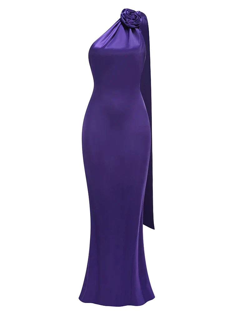 Purple Satin Halter Neck 3D Flower Scarf Maxi Dress