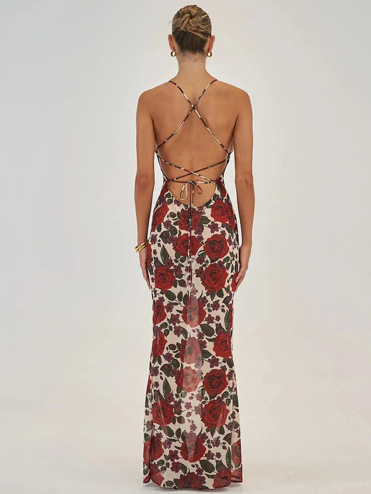 Backless Deep V Neck Lace Up Printed Vacation Dress