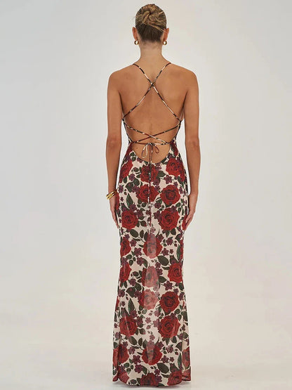 Backless Deep V Neck Lace Up Printed Vacation Dress