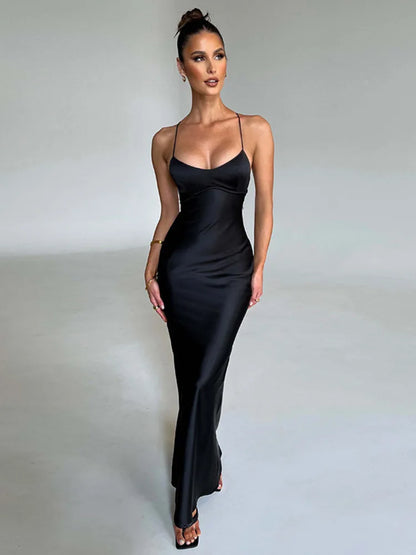 Satin Spaghetti Sleeveless Long Bodycon Dress