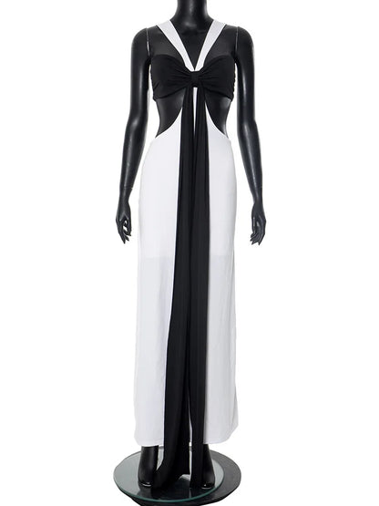 Patchwork Contrast Hollow Out Split Long Dress