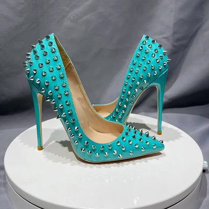 Mint Green Pointy Toe High Heel Shoes with Silver Spikes