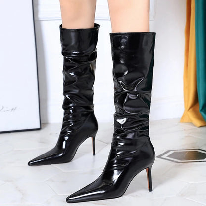 Sexy Knee-High Pointed Patent Leather High Heel Boots for Women