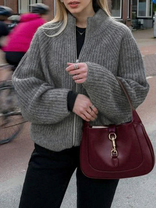 Casual Solid Zipper Knitted Cardigans Slim Turn-Down Collar Long Sleeve Sweater Coats Women Autumn Winter Fashion