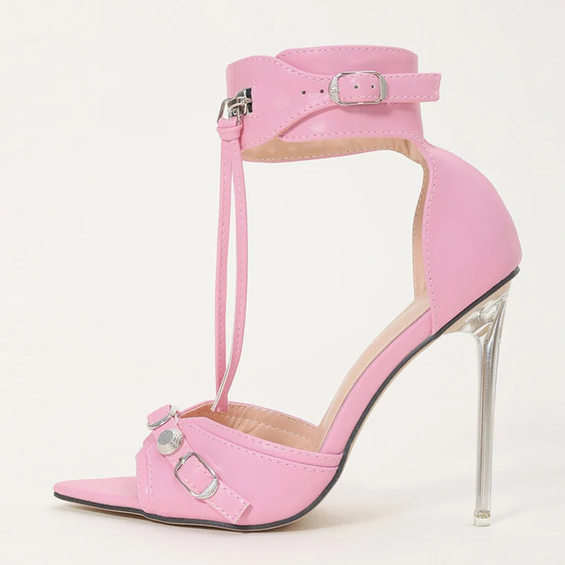 Crystal Clear High Heel Sandals with Tassels and Ankle Strap