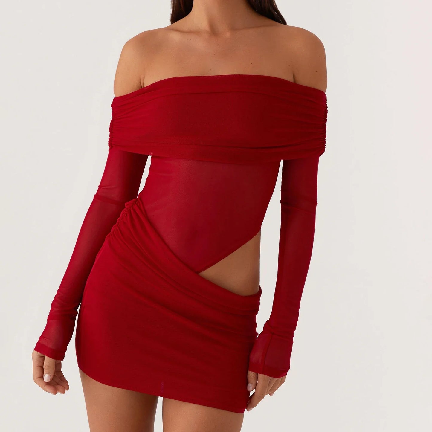 Cutout Mesh Long Sleeve Bodycon Dress