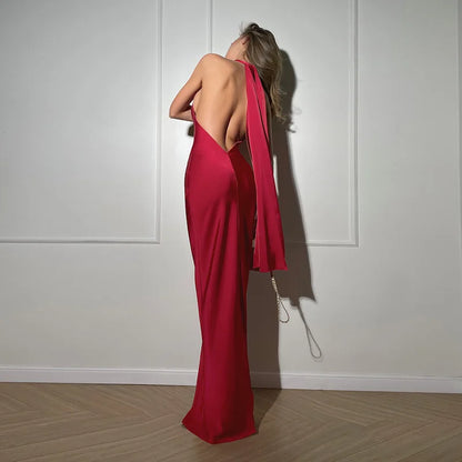 Slim Satin Backless Halter Prom Dress