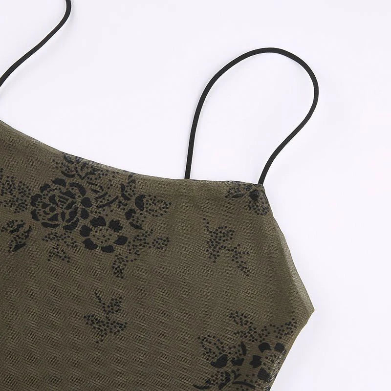 Floral Print Spaghetti Strap Lettuce-Hem Mesh Maxi Dress
