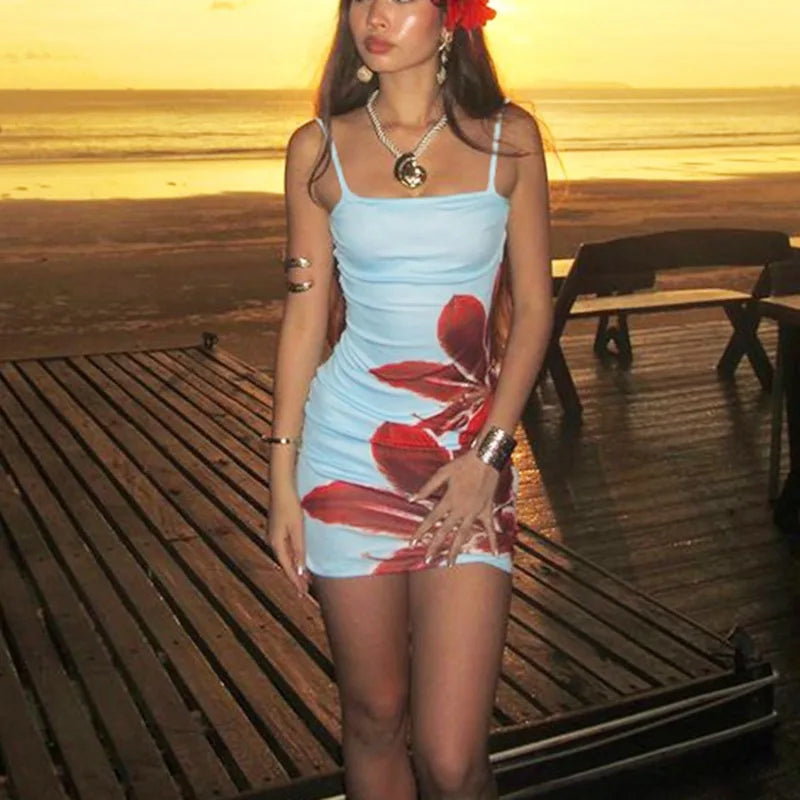 Printed Spaghetti Strap Backless Mini Dress