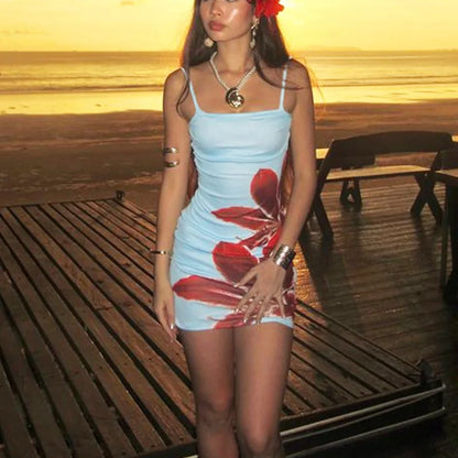 Printed Spaghetti Strap Backless Mini Dress