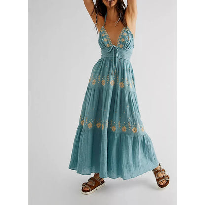 Embroidered Halter Smocked Vacation Dress