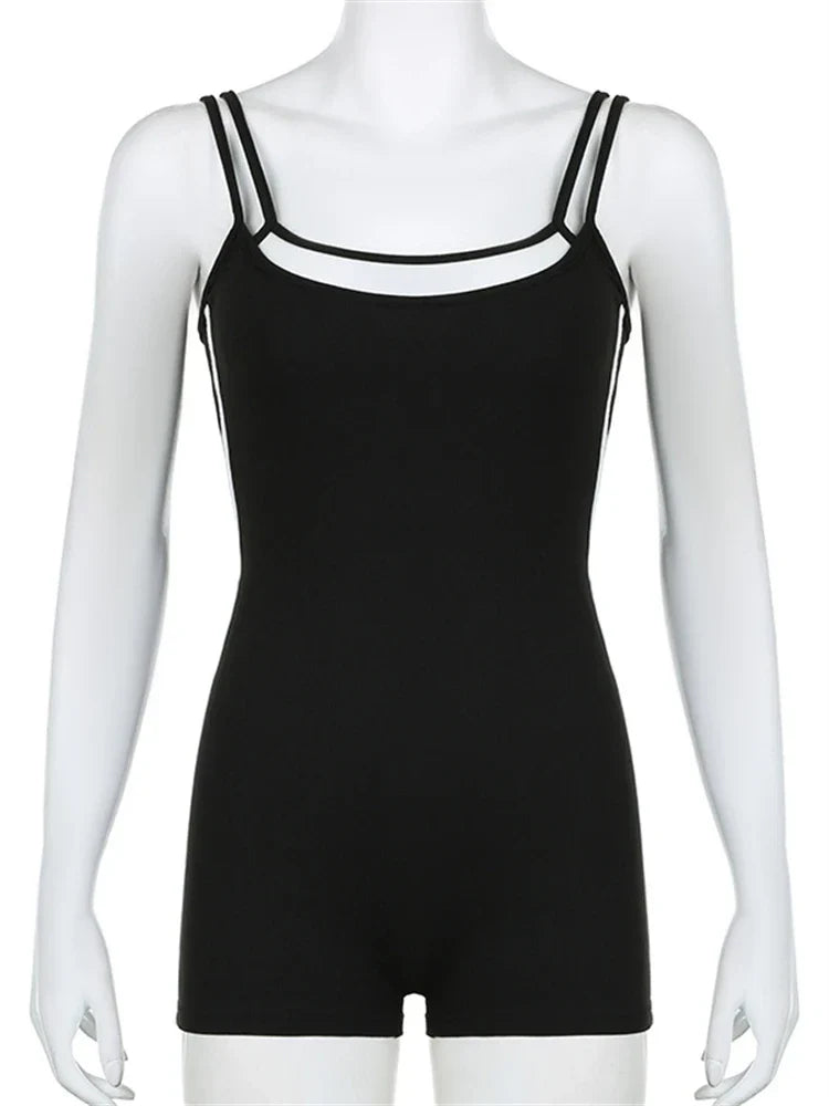 Summer Black Contrast Stitching Fitness Romper For Woman 2024 Sleeveless Backless Skinny Playsuit Street Workout Overalls
