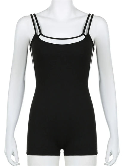 Summer Black Contrast Stitching Fitness Romper For Woman 2024 Sleeveless Backless Skinny Playsuit Street Workout Overalls