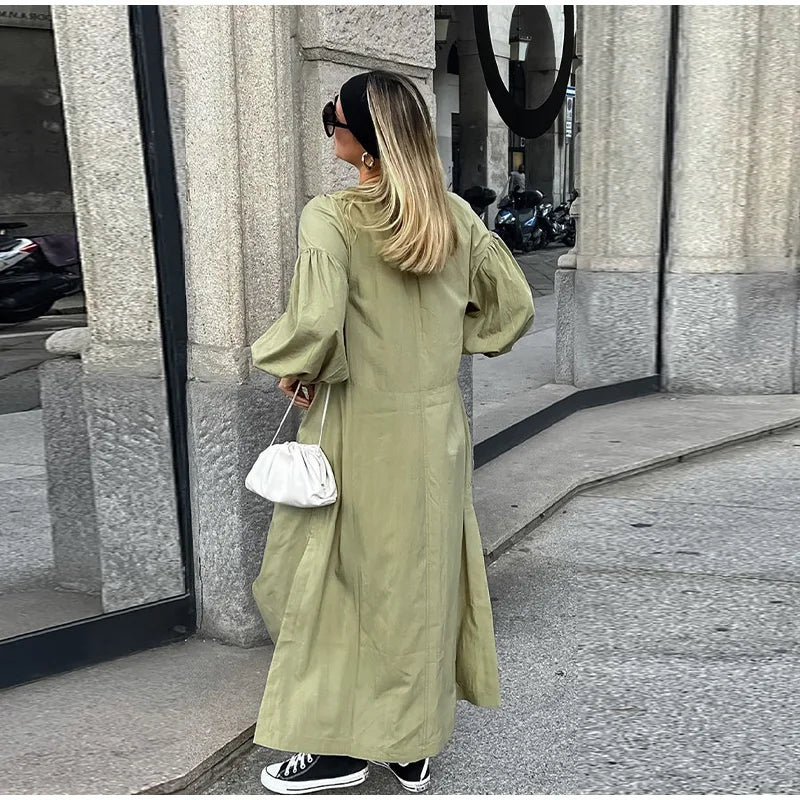 Lace Up V-Neck Balloon Sleeve Side Slit Maxi Dress