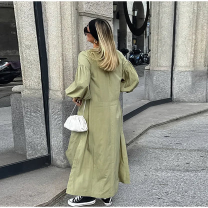 Lace Up V-Neck Balloon Sleeve Side Slit Maxi Dress