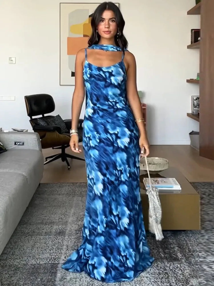 Blue Print Halter Lace-up Vacation Dress
