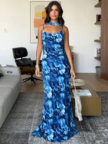 Blue Print Halter Lace-up Vacation Dress