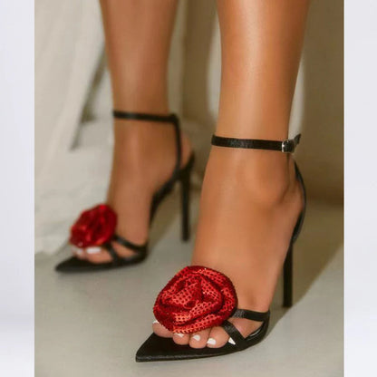 Crystal Flower Ankle Buckle Strap Thin Heels Denim Sandals for Women