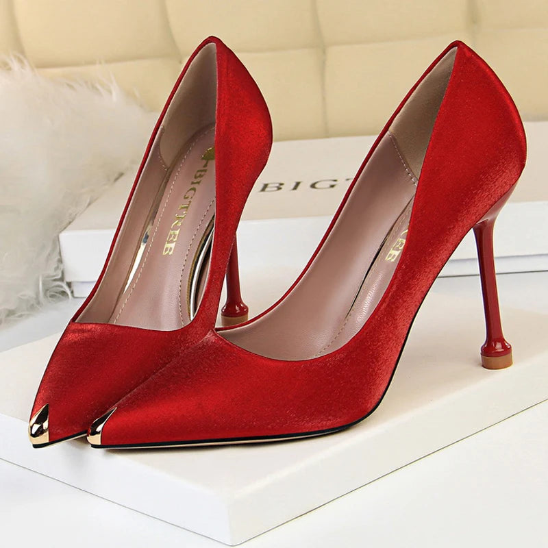 Luxurious Satin High Heel Pumps with Metal Tip Stiletto for Spring Banquets