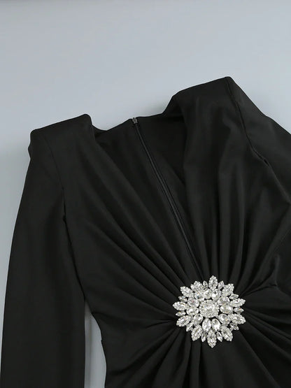 Deep V Neck Black Rhinestone Floor Long Dress