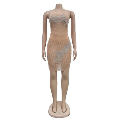 Mesh Rhinestone Round Neck Sleeveless Mini Dress