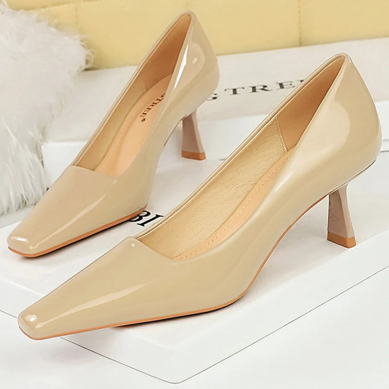 Patent Leather Kitten Heels Square Head Woman Pumps Occupational OL High Heels