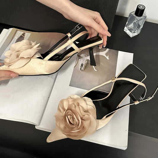 Flower Buckle Strap Pumps with Sexy Pointed Toe and Thin Heels for Women
