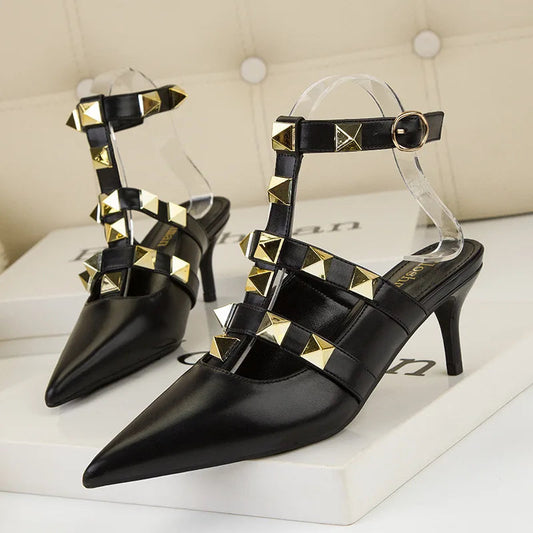 Thin High-heeled Shallow Mouth Pointed Roman Style Metal Rivets Shoes