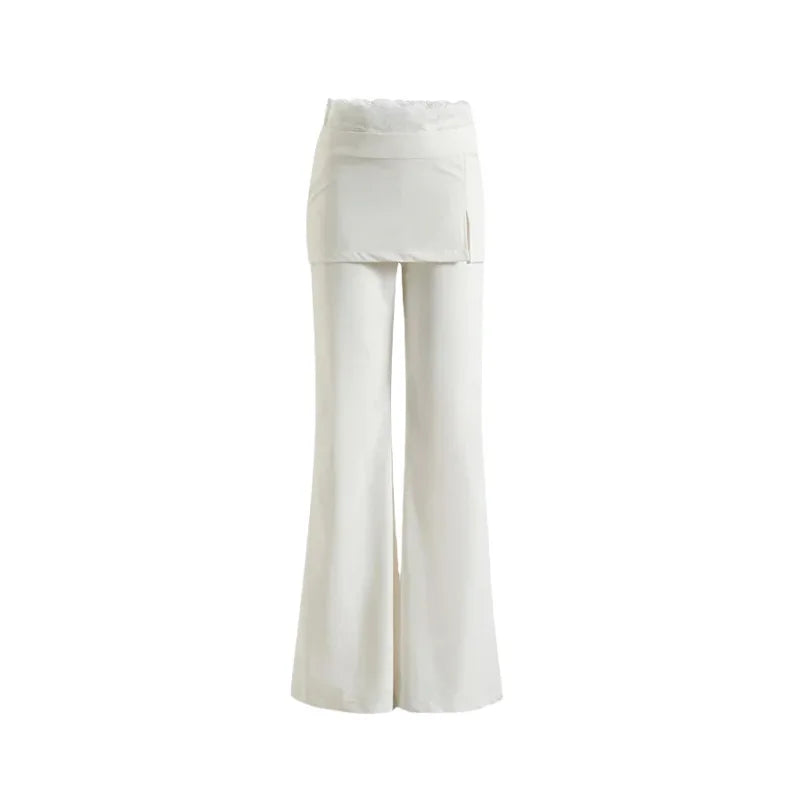 Women Lace Patch Strap Bootcut Pants white