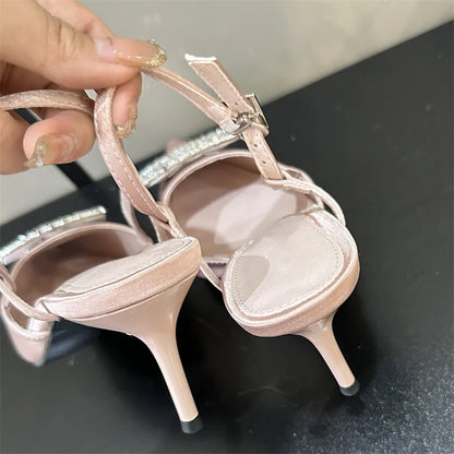 Thin High Heels Buckle Strap Women Pumps with Square Button Pointed Toe Mules