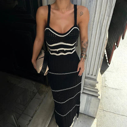 High Street U Neck Striped Knit Dresses Ladies Sexy Hollow Out Spaghetti Tank Long Dress Fashion Women Slit Bodycon Party Dress