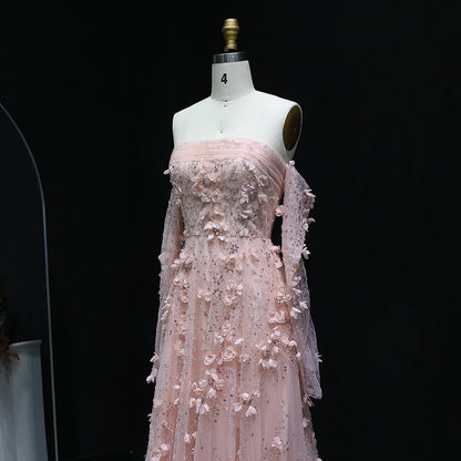 3D Flowers Strapless Evening Dress with Long Sleeves
