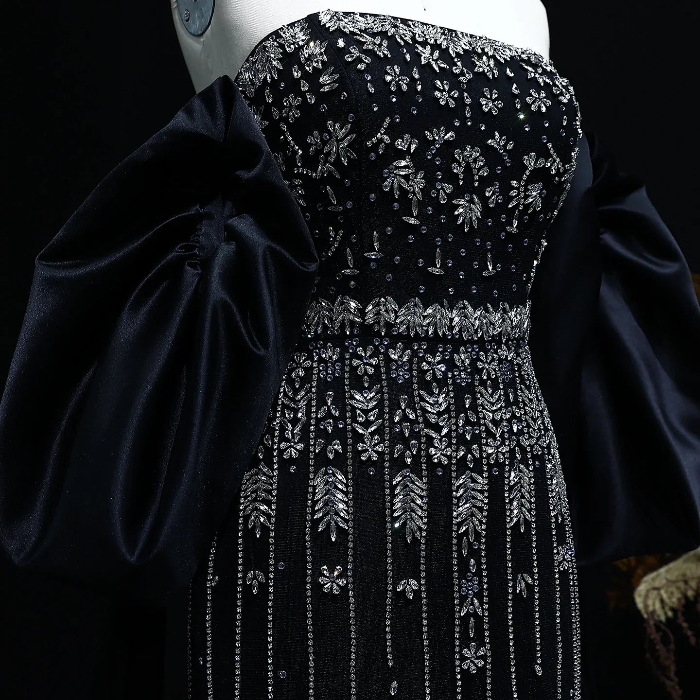 Crystal Tassel Black Evening Dress with Straps / Cape Strapless