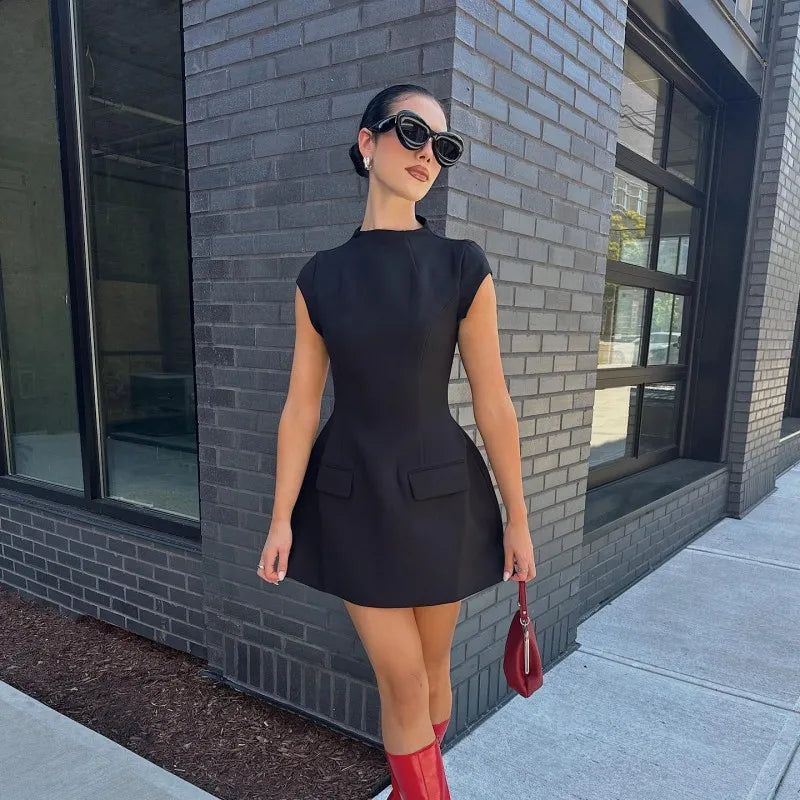 Mock Neck Cap Sleeve Structured Flap Pocket A-Line Mini Dress