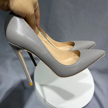 Grey Leather Soft Female Stiletto High Heel Shoes 10Cm Pointy Toe
