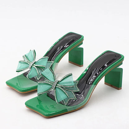 Green Transparent Low Square Heel Women's Slippers
