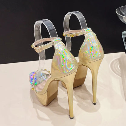 Summer Fashion Color Diamond Rivet Ankle Strap Platform High Heels for Women